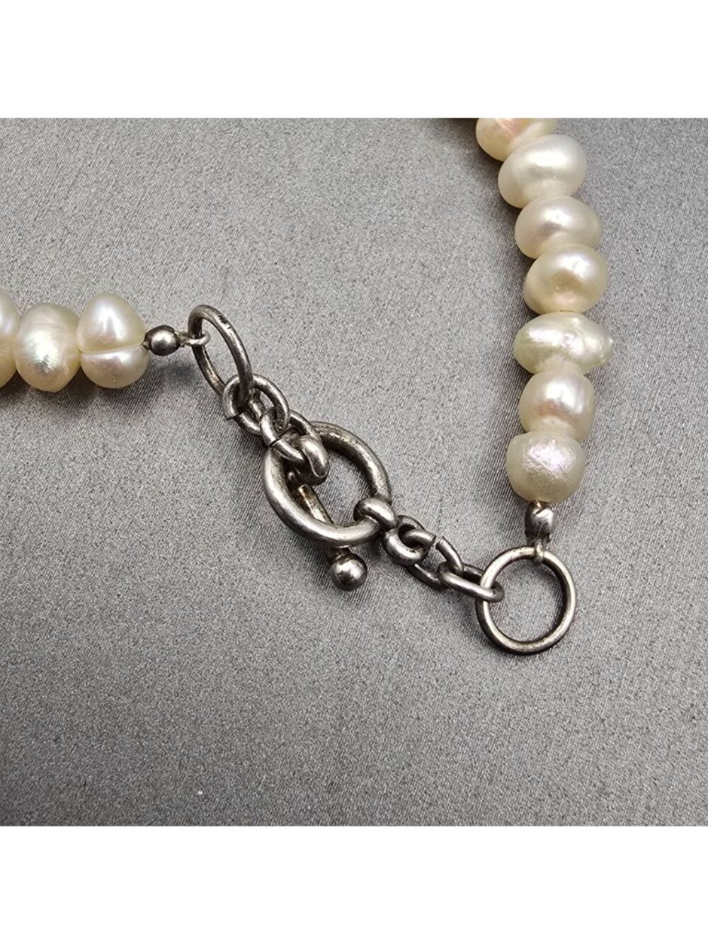 VTG White Graduated Baroque Pearl Necklace 22" Sterling Toggle Crystal Accents - Picture 6 of 13